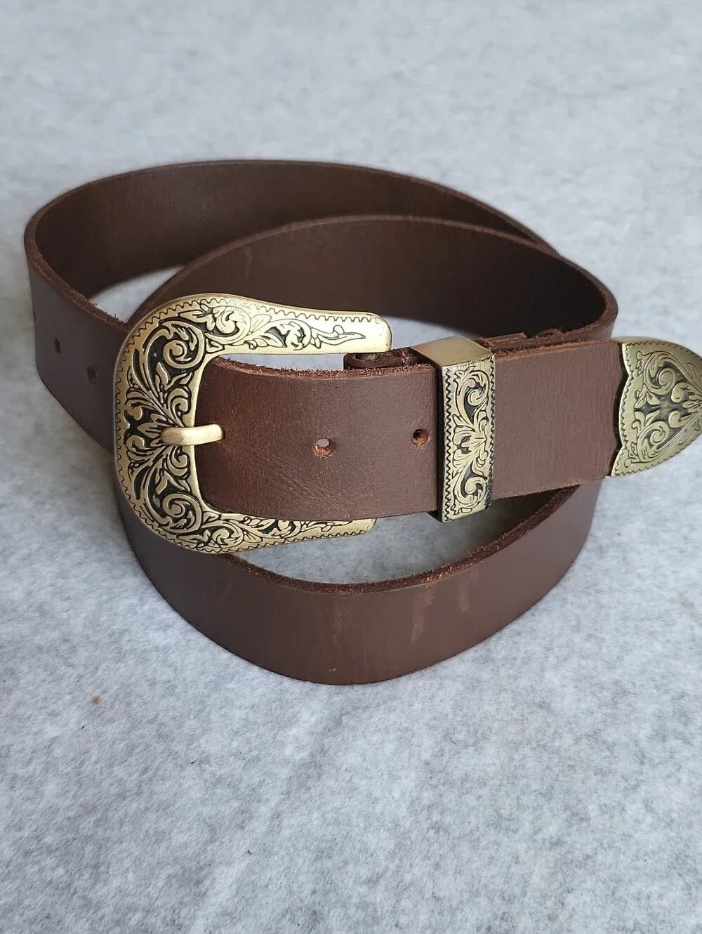 Silence + Noise Western Belt Mens Large Brown Cow Leather Cowboy Brass Buckle